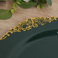 20-Pack Economy Plastic Round Charger Plates 13" in Hunter Emerald Green with Gold Embossed Baroque Rim, Stylish Dinner Party Serving Plates