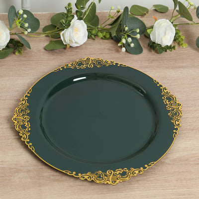 20-Pack Economy Plastic Charger Plates 13" Round Hunter Emerald Green with Gold Embossed Baroque Rim
