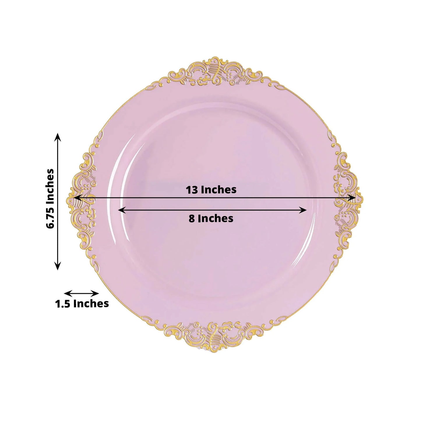 20-Pack Economy Plastic Round Charger Plates 13" in Lavender Lilac with Gold Embossed Baroque Rim, Stylish Dinner Party Serving Plates