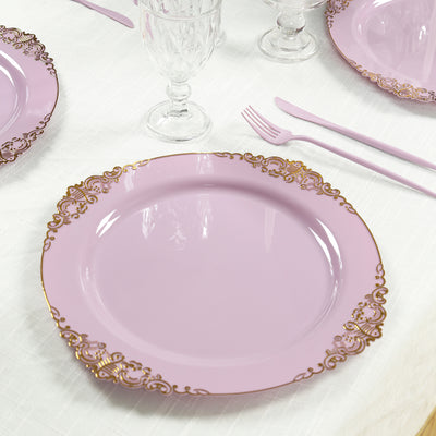20-Pack Economy Plastic Charger Plates 13" Round Lavender with Gold Embossed Baroque Rim