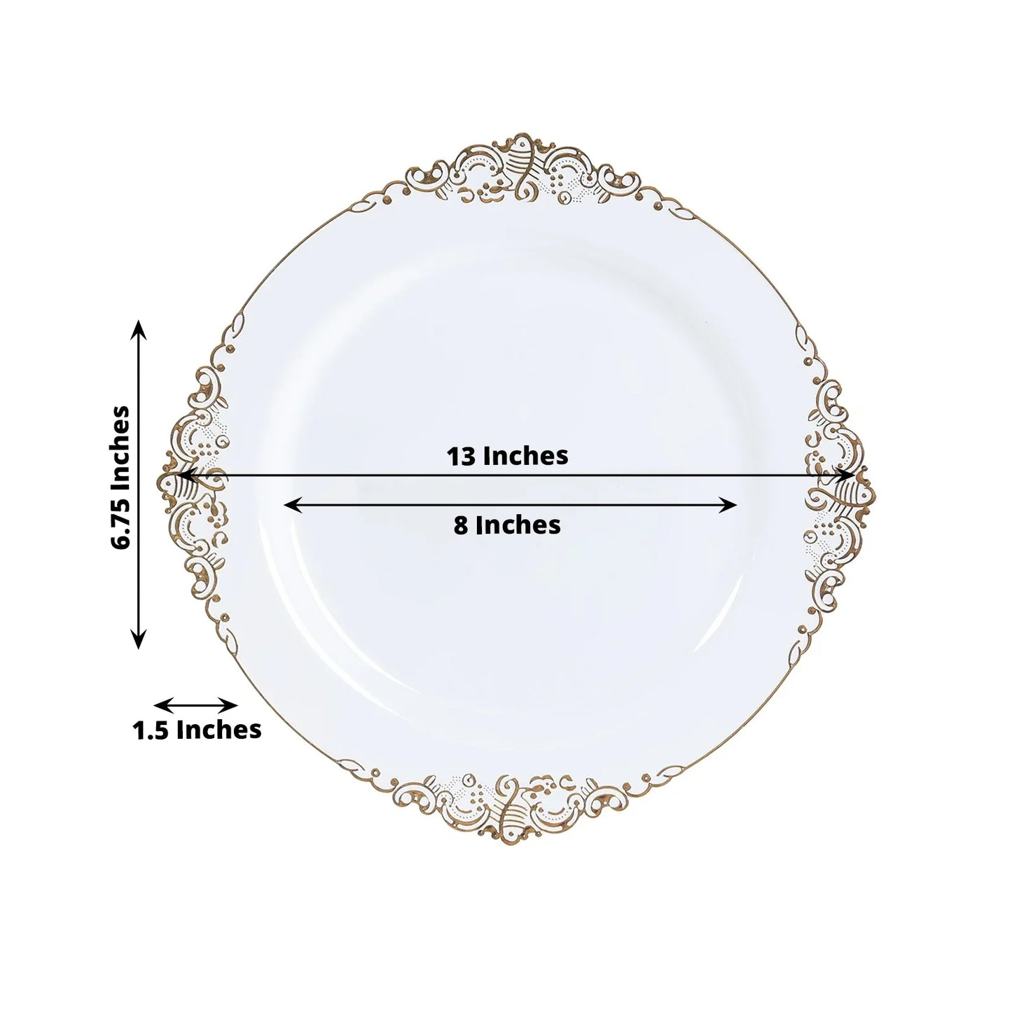 20-Pack Economy Plastic Round Charger Plates 13" in White with Gold Embossed Baroque Rim, Stylish Dinner Party Serving Plates