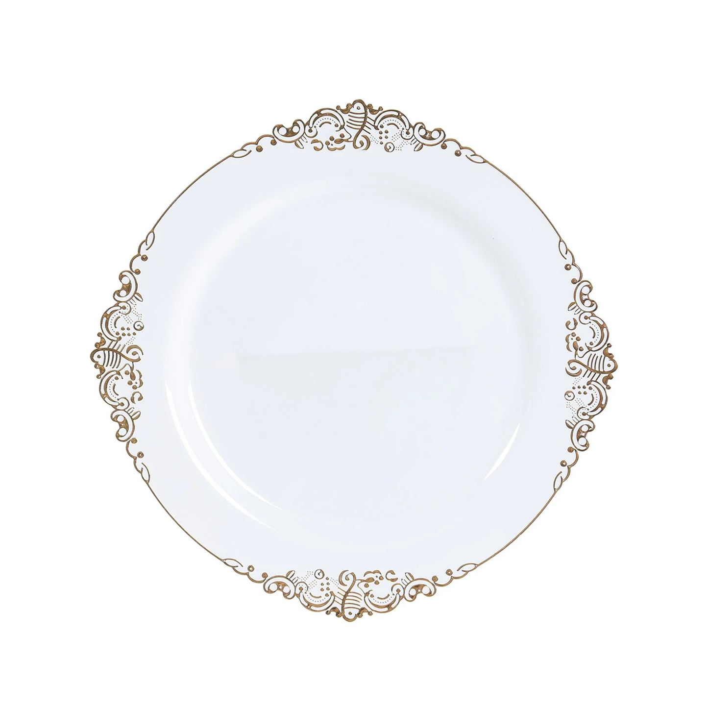 20-Pack Economy Plastic Round Charger Plates 13" in White with Gold Embossed Baroque Rim, Stylish Dinner Party Serving Plates