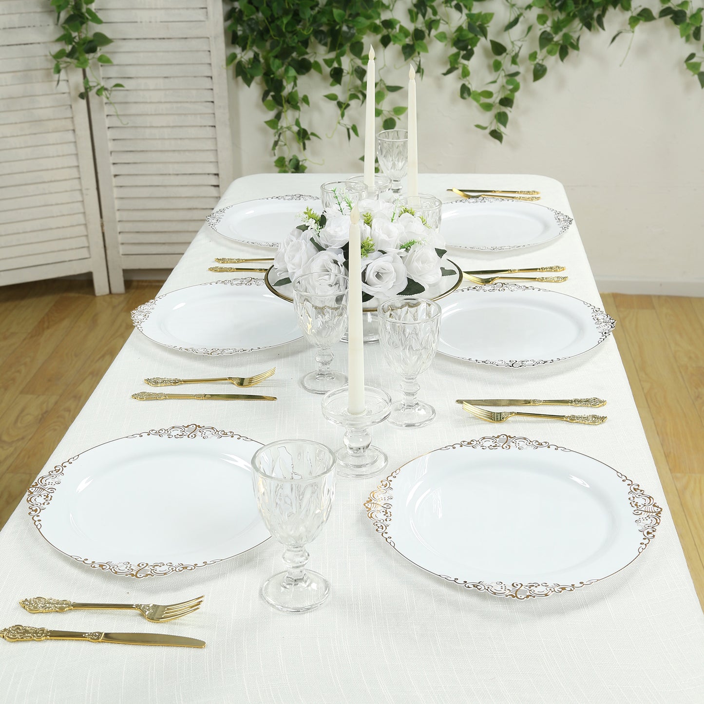 20-Pack Economy Plastic Round Charger Plates 13" in White with Gold Embossed Baroque Rim, Stylish Dinner Party Serving Plates