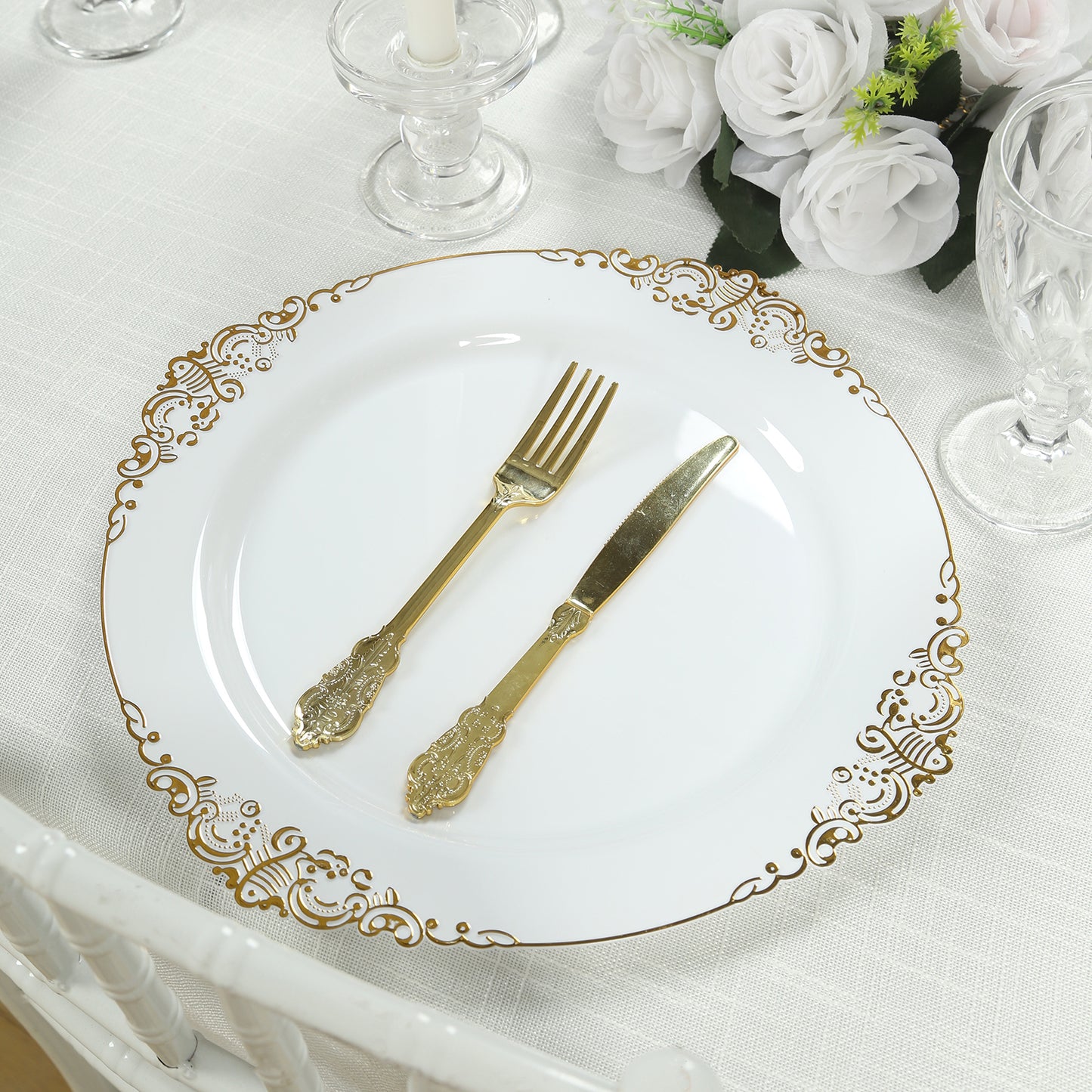 20-Pack Economy Plastic Round Charger Plates 13" in White with Gold Embossed Baroque Rim, Stylish Dinner Party Serving Plates