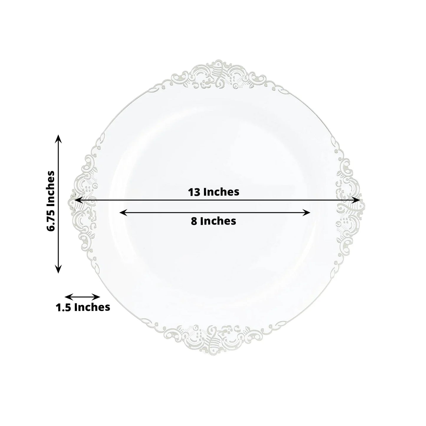 20-Pack Economy Plastic Round Charger Plates 13" in White with Silver Embossed Baroque Rim, Stylish Dinner Party Serving Plates