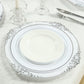 20-Pack Economy Plastic Round Charger Plates 13" in White with Silver Embossed Baroque Rim, Stylish Dinner Party Serving Plates
