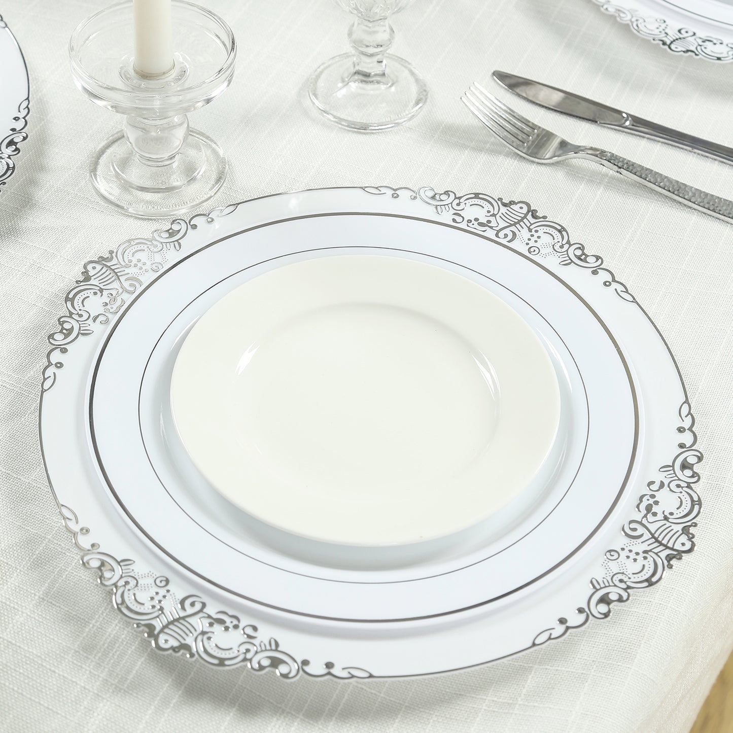 20-Pack Economy Plastic Round Charger Plates 13" in White with Silver Embossed Baroque Rim, Stylish Dinner Party Serving Plates