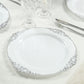20-Pack Economy Plastic Round Charger Plates 13" in White with Silver Embossed Baroque Rim, Stylish Dinner Party Serving Plates