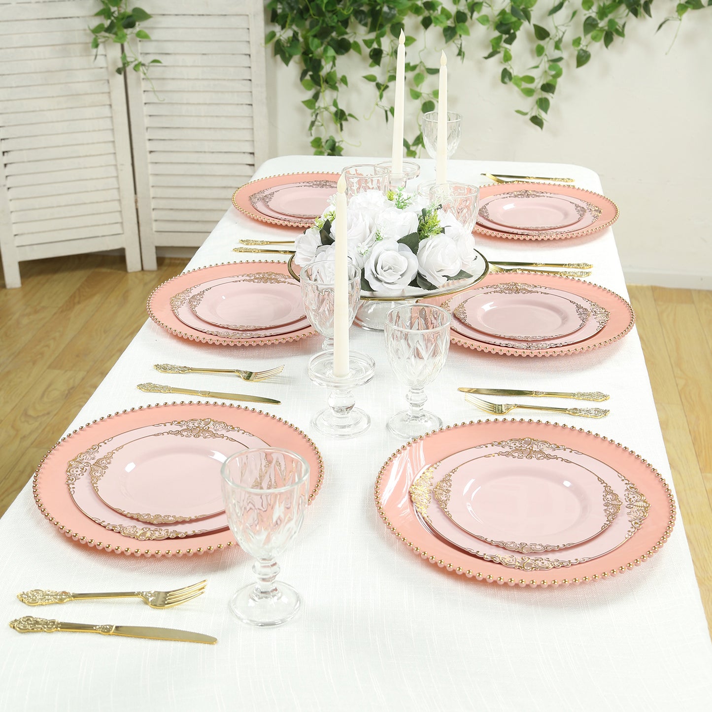 10-Pack Economy Round Plastic Charger Plates 13" in Dusty Rose with Gold Beaded Rim, Stylish Dinner Party Serving Plates