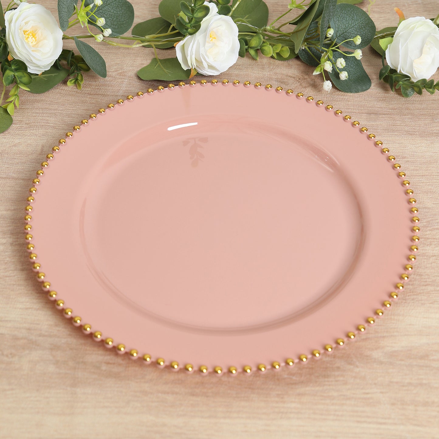10-Pack Economy Round Plastic Charger Plates 13" in Dusty Rose with Gold Beaded Rim, Stylish Dinner Party Serving Plates