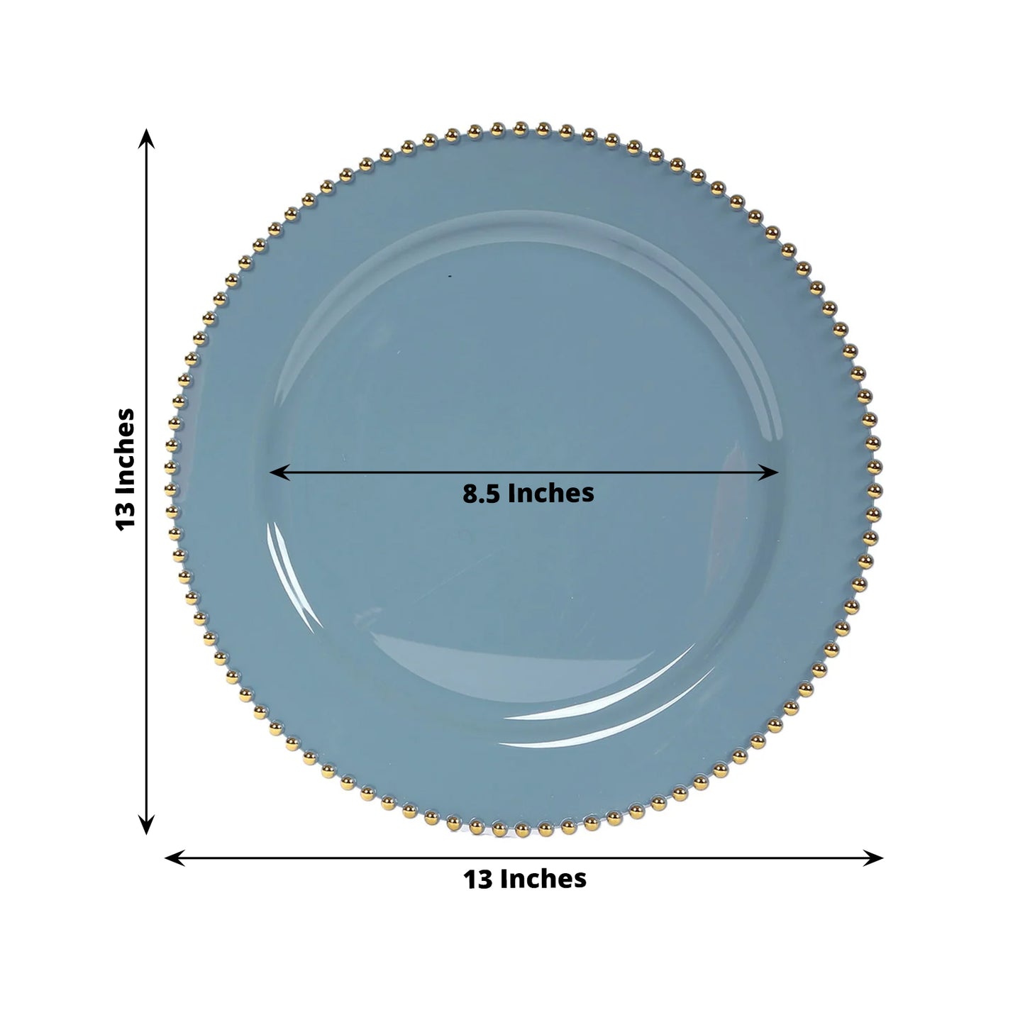 10-Pack Economy Round Plastic Charger Plates 13" in Dusty Blue with Gold Beaded Rim, Stylish Dinner Party Serving Plates