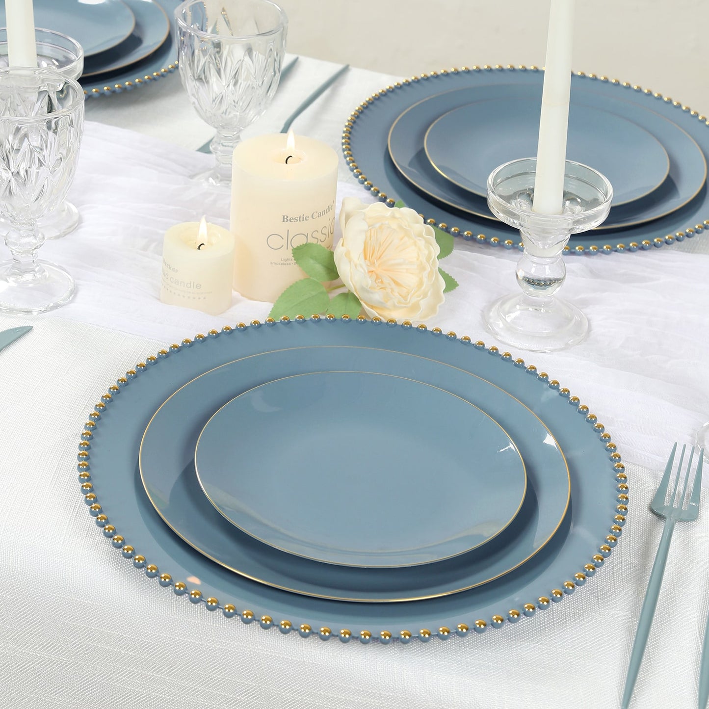 10-Pack Economy Round Plastic Charger Plates 13" in Dusty Blue with Gold Beaded Rim, Stylish Dinner Party Serving Plates