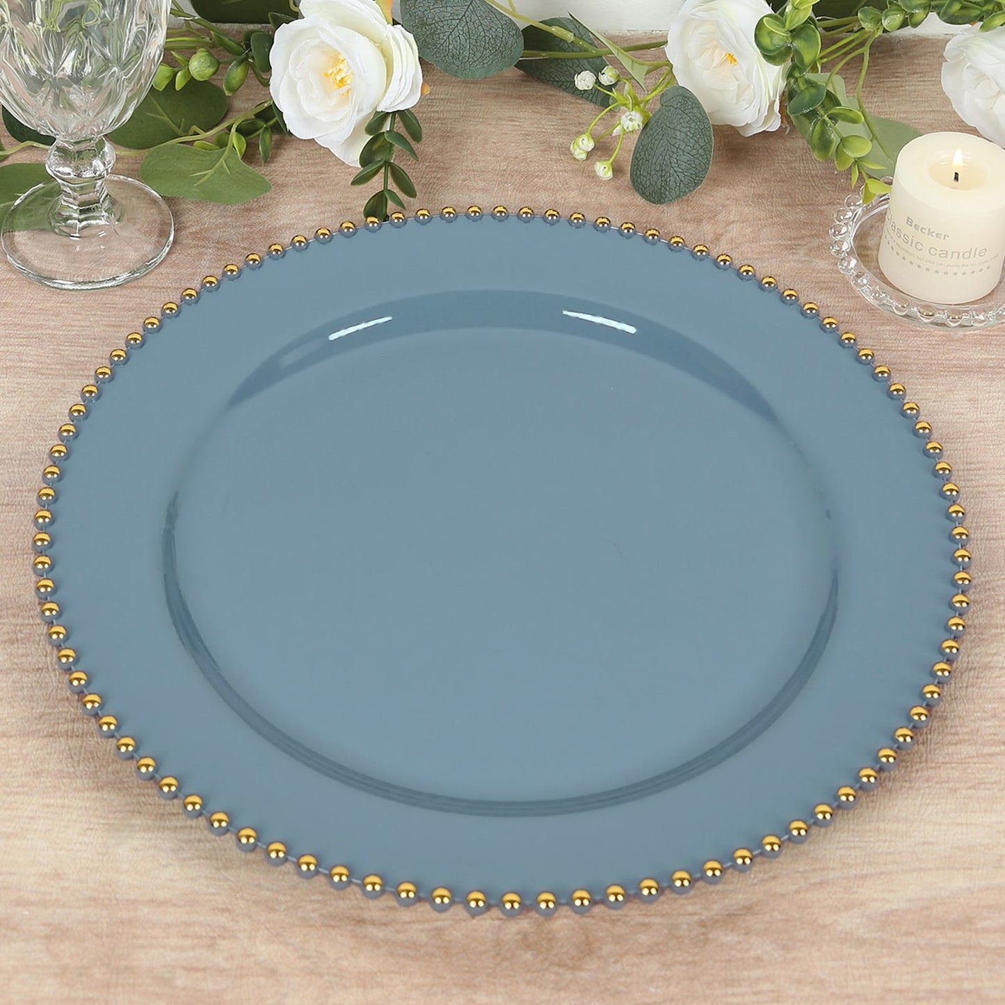 10-Pack Economy Round Plastic Charger Plates 13" in Dusty Blue with Gold Beaded Rim, Stylish Dinner Party Serving Plates