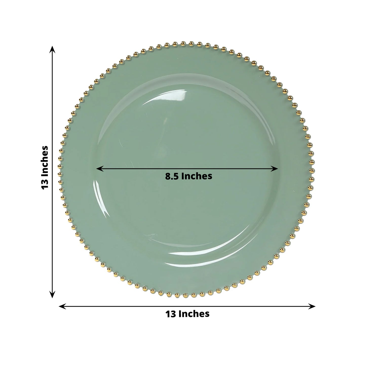 10-Pack Economy Round Plastic Charger Plates 13" in Dusty Sage Green with Gold Beaded Rim, Stylish Dinner Party Serving Plates