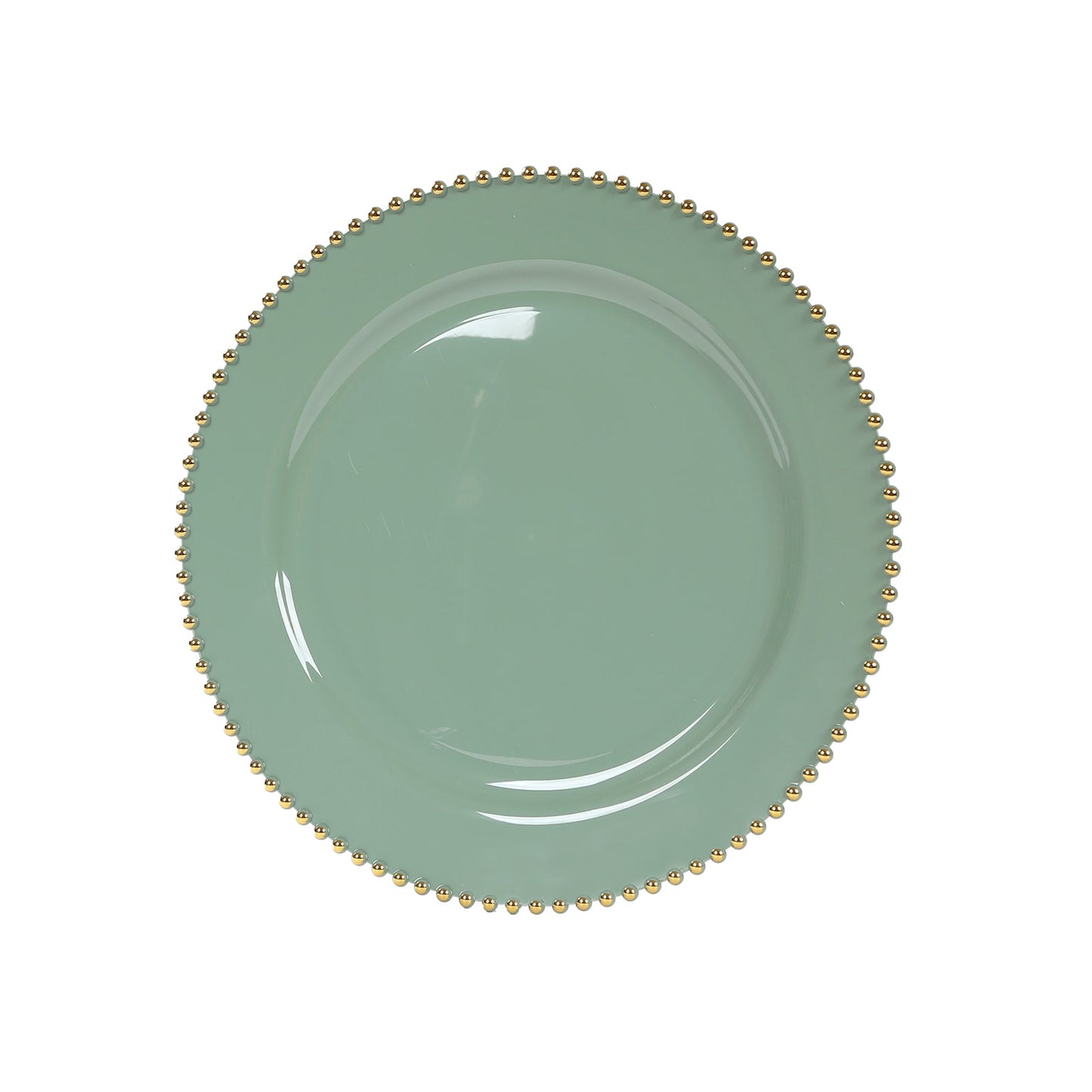 10-Pack Economy Round Plastic Charger Plates 13" in Dusty Sage Green with Gold Beaded Rim, Stylish Dinner Party Serving Plates