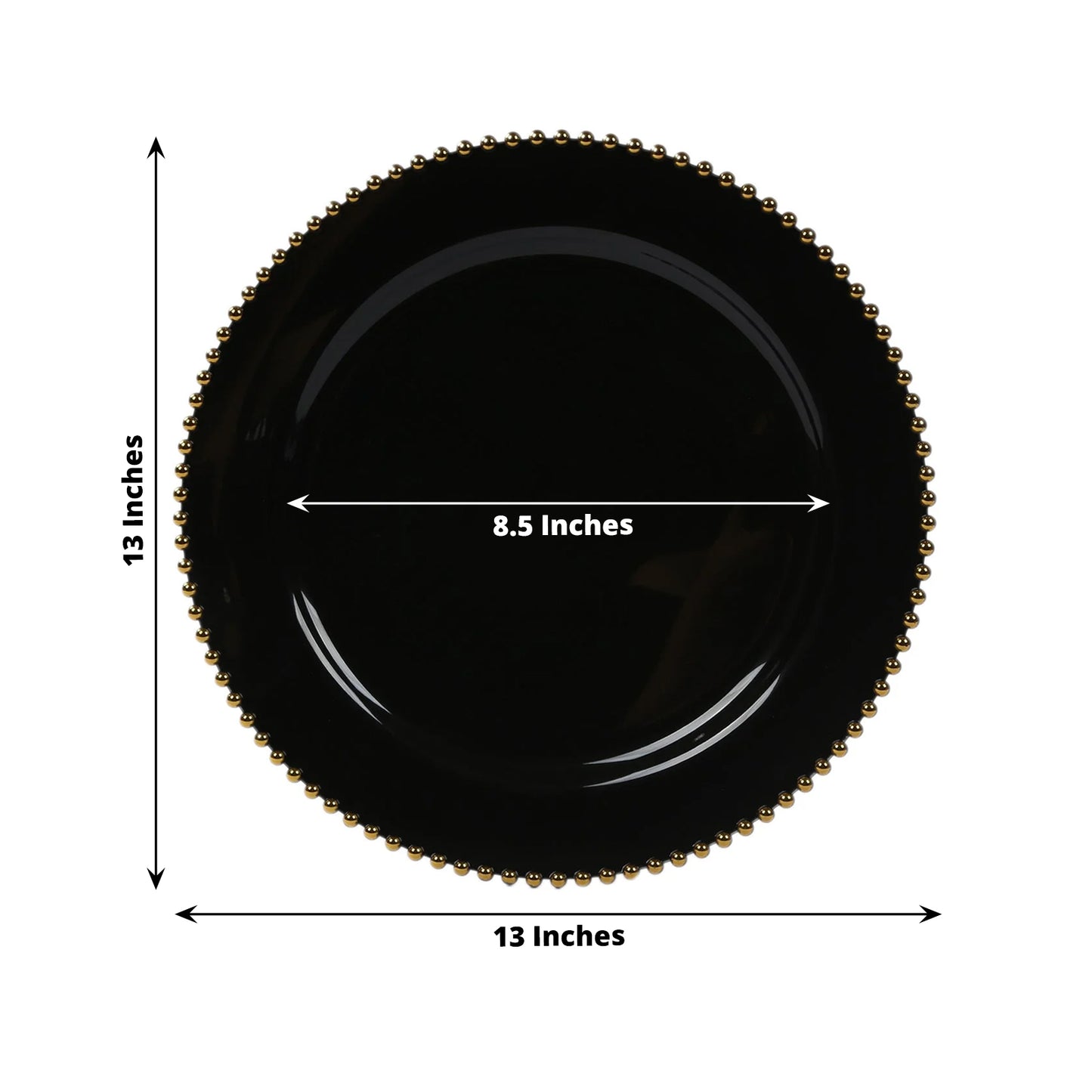 10-Pack Economy Round Plastic Charger Plates 13" in Black with Gold Beaded Rim, Stylish Dinner Party Serving Plates