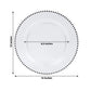 Clear plastic charger plate with black beaded rim, 13 inches in diameter.