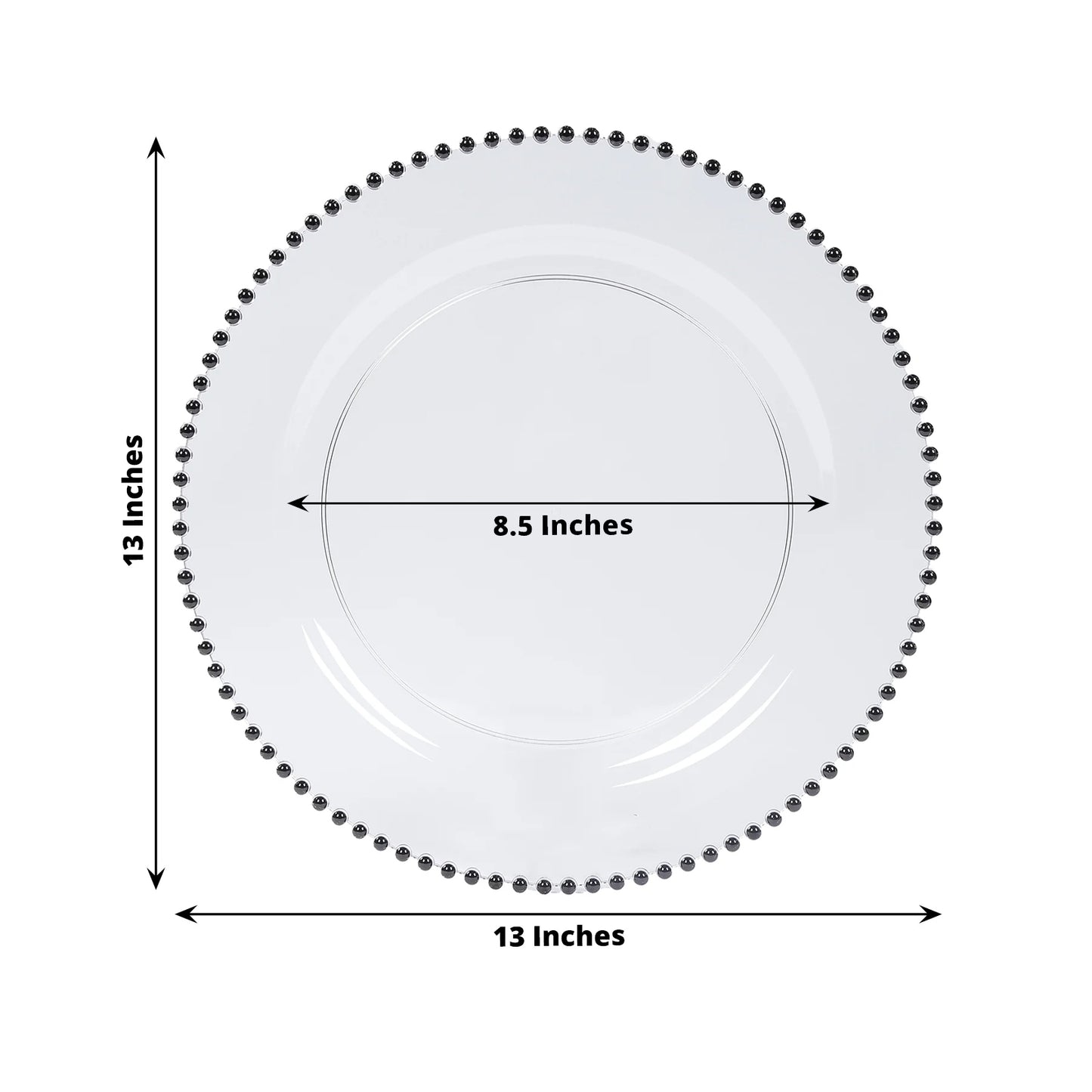 Clear plastic charger plate with black beaded rim, 13 inches in diameter.
