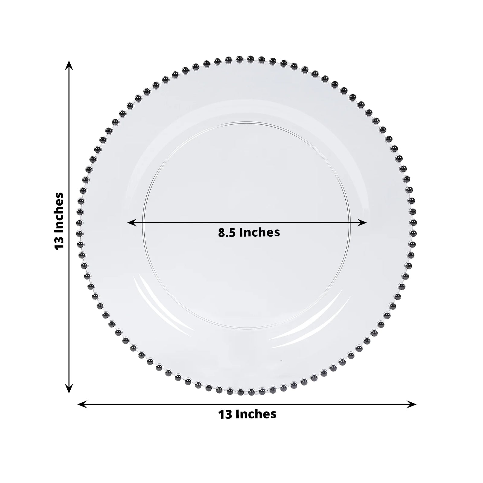 Clear plastic charger plate with black beaded rim, 13 inches in diameter.