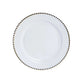 Clear charger plate with black beaded rim, perfect for dinner parties.