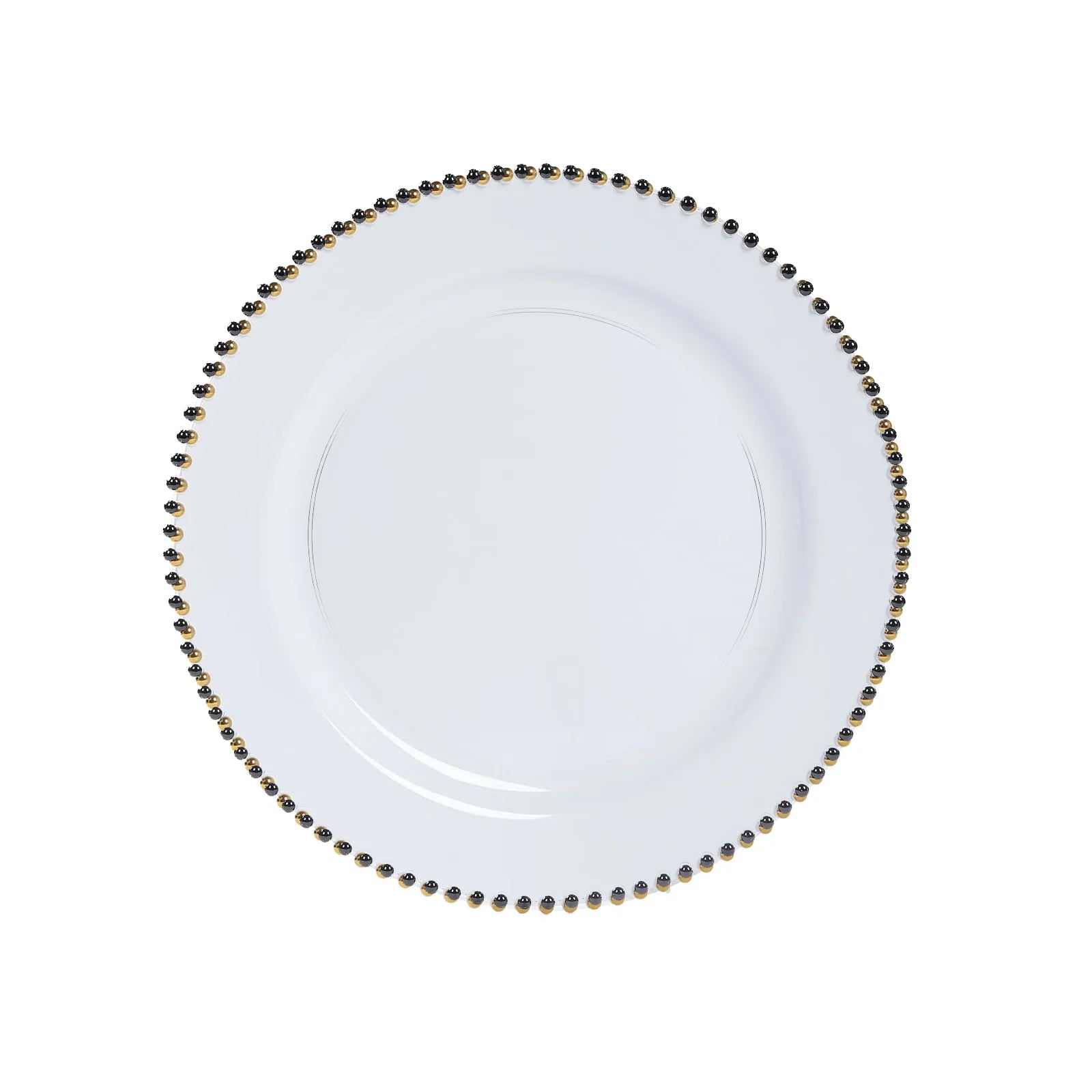 Clear charger plate with black beaded rim, perfect for dinner parties.