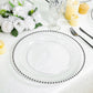 Clear plastic charger plate with black beaded rim for stylish dinner parties.