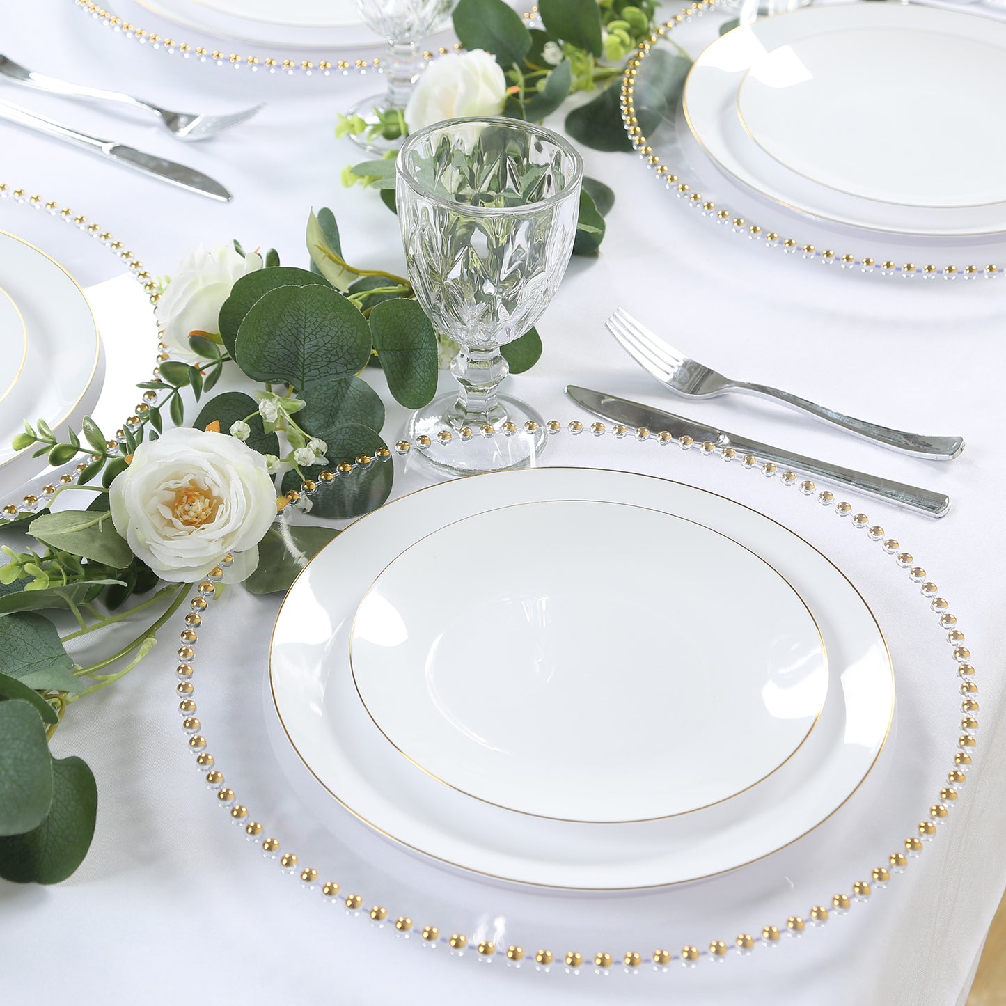 10-Pack Economy Round Plastic Charger Plates 13" in Clear with Gold Beaded Rim, Stylish Dinner Party Serving Plates