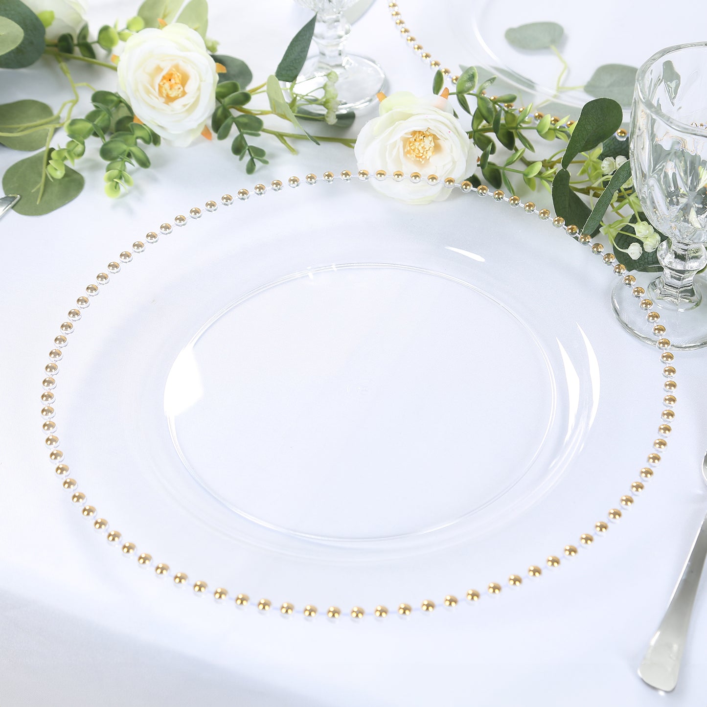 10-Pack Economy Round Plastic Charger Plates 13" in Clear with Gold Beaded Rim, Stylish Dinner Party Serving Plates