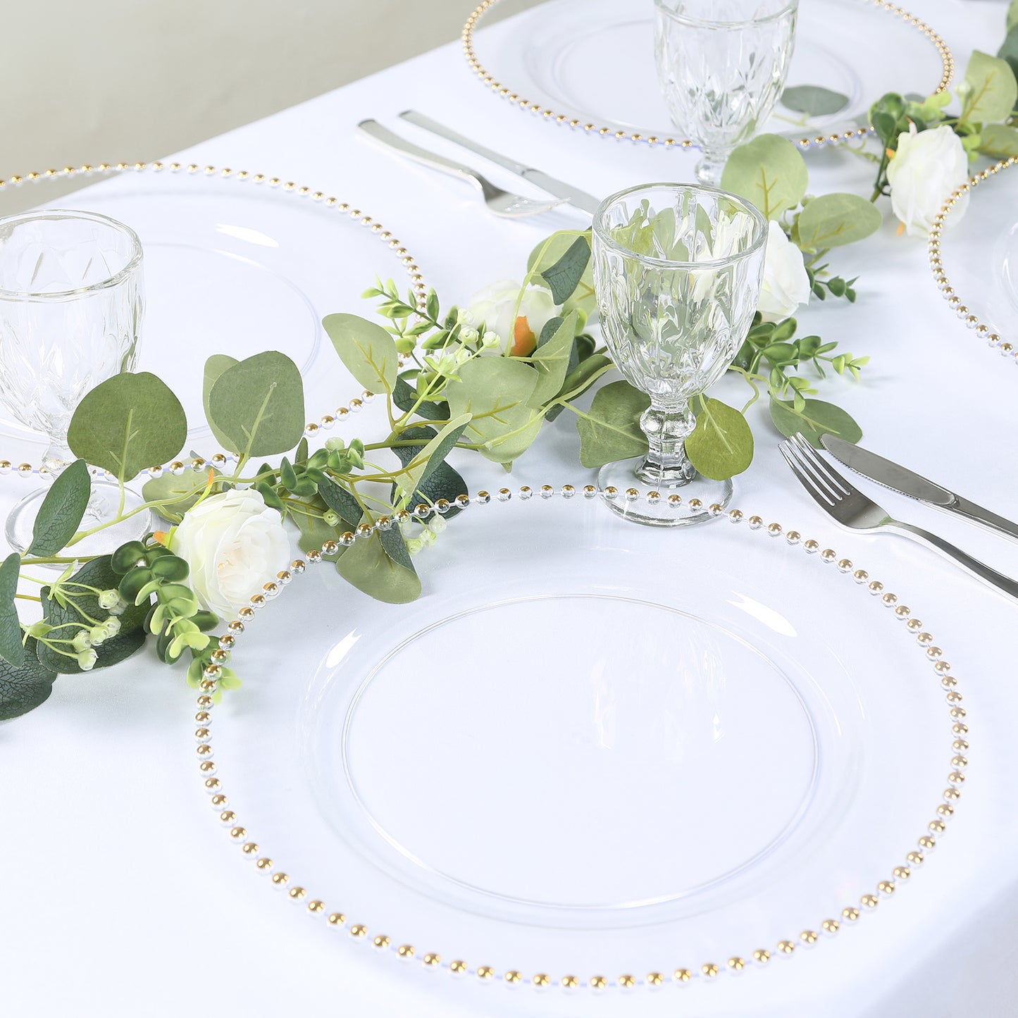 10-Pack Economy Round Plastic Charger Plates 13" in Clear with Gold Beaded Rim, Stylish Dinner Party Serving Plates