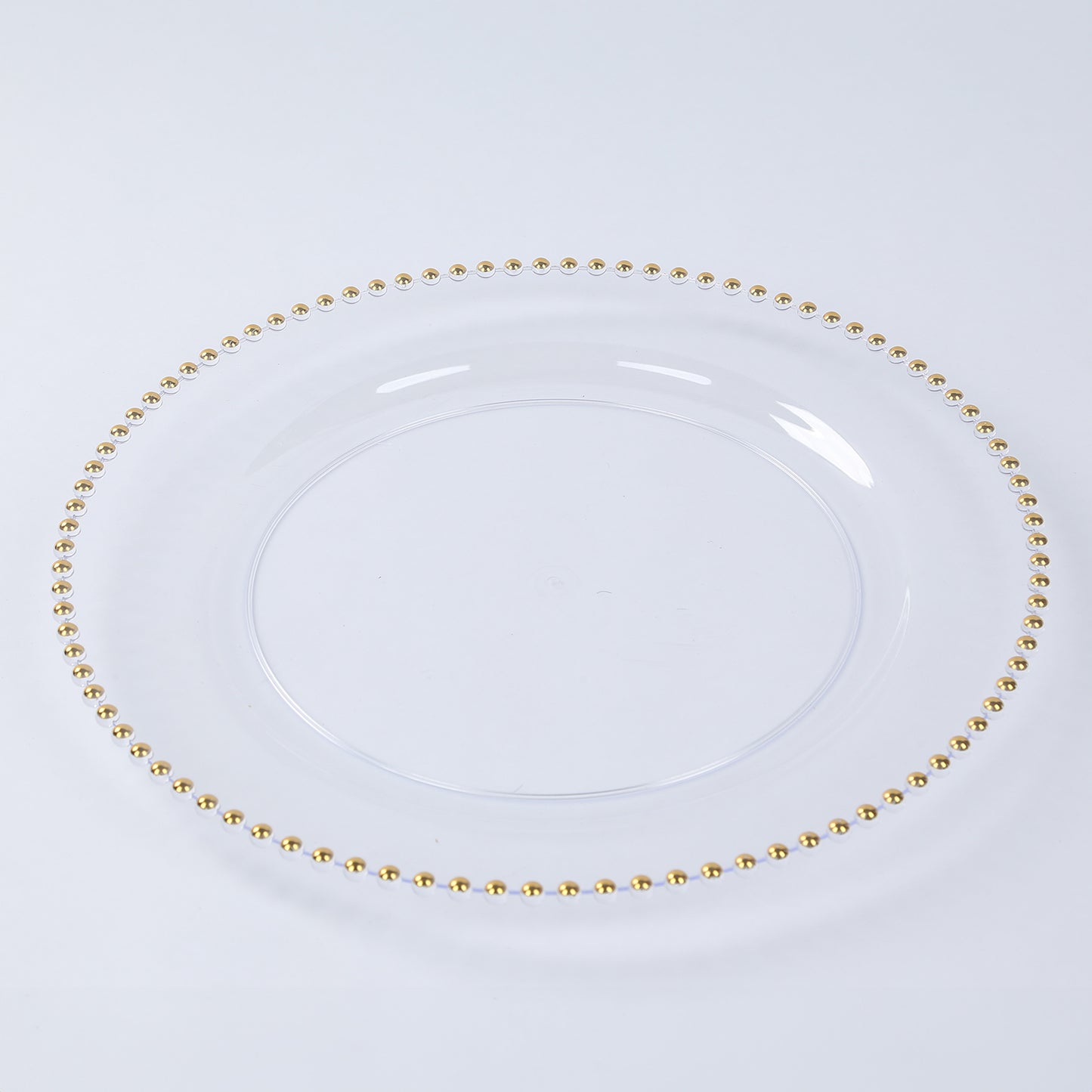 10-Pack Economy Round Plastic Charger Plates 13" in Clear with Gold Beaded Rim, Stylish Dinner Party Serving Plates