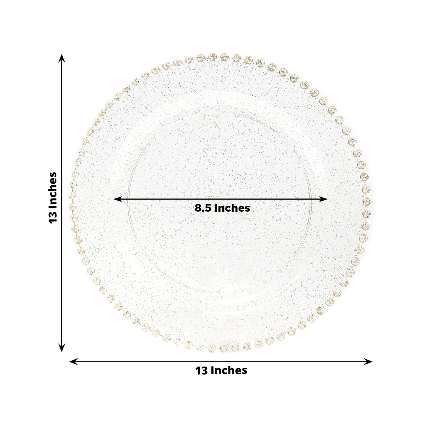10-Pack Economy Round Plastic Charger Plates 13" in Clear/Gold Glitter with Beaded Rim, Stylish Dinner Party Serving Plates