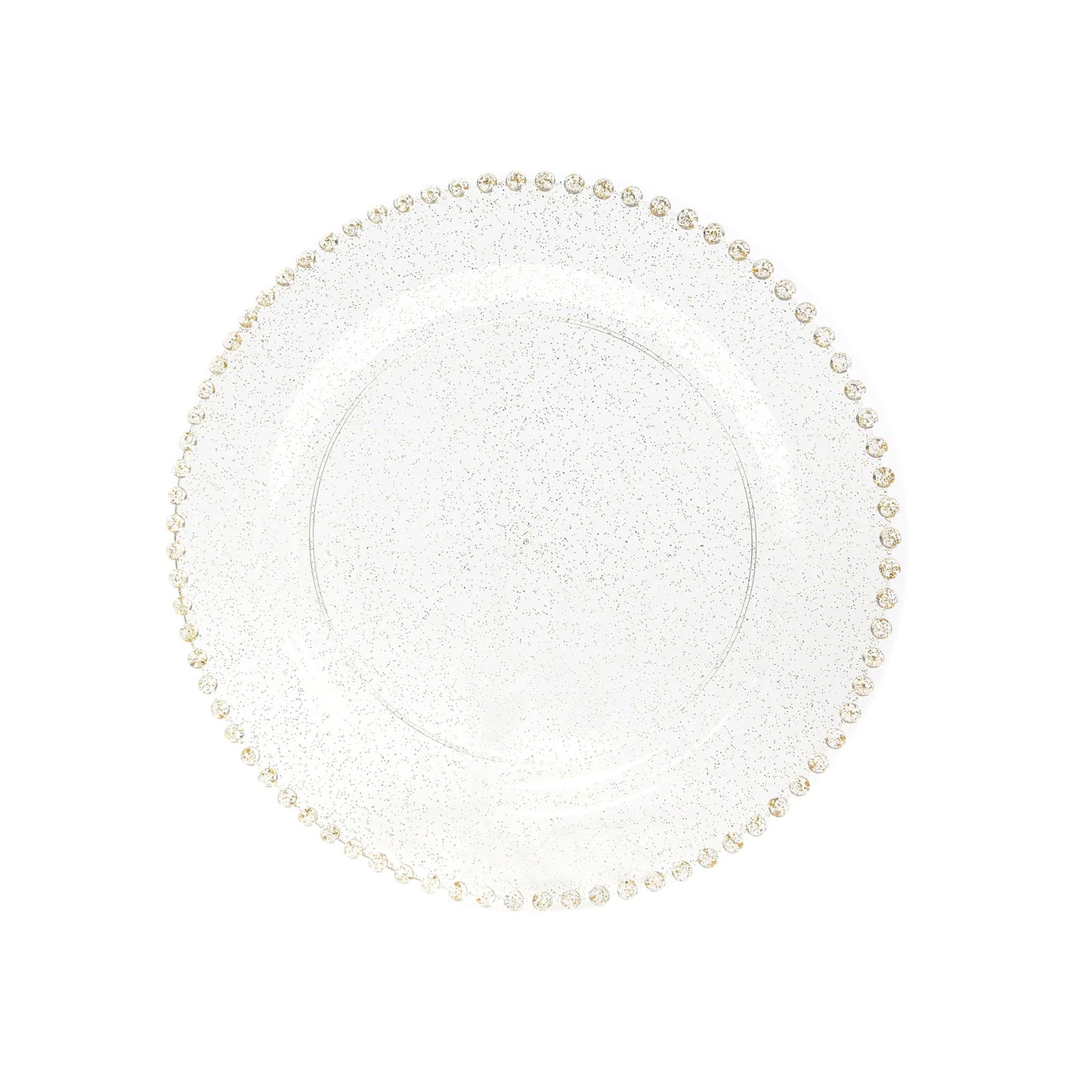 10-Pack Economy Round Plastic Charger Plates 13" in Clear/Gold Glitter with Beaded Rim, Stylish Dinner Party Serving Plates