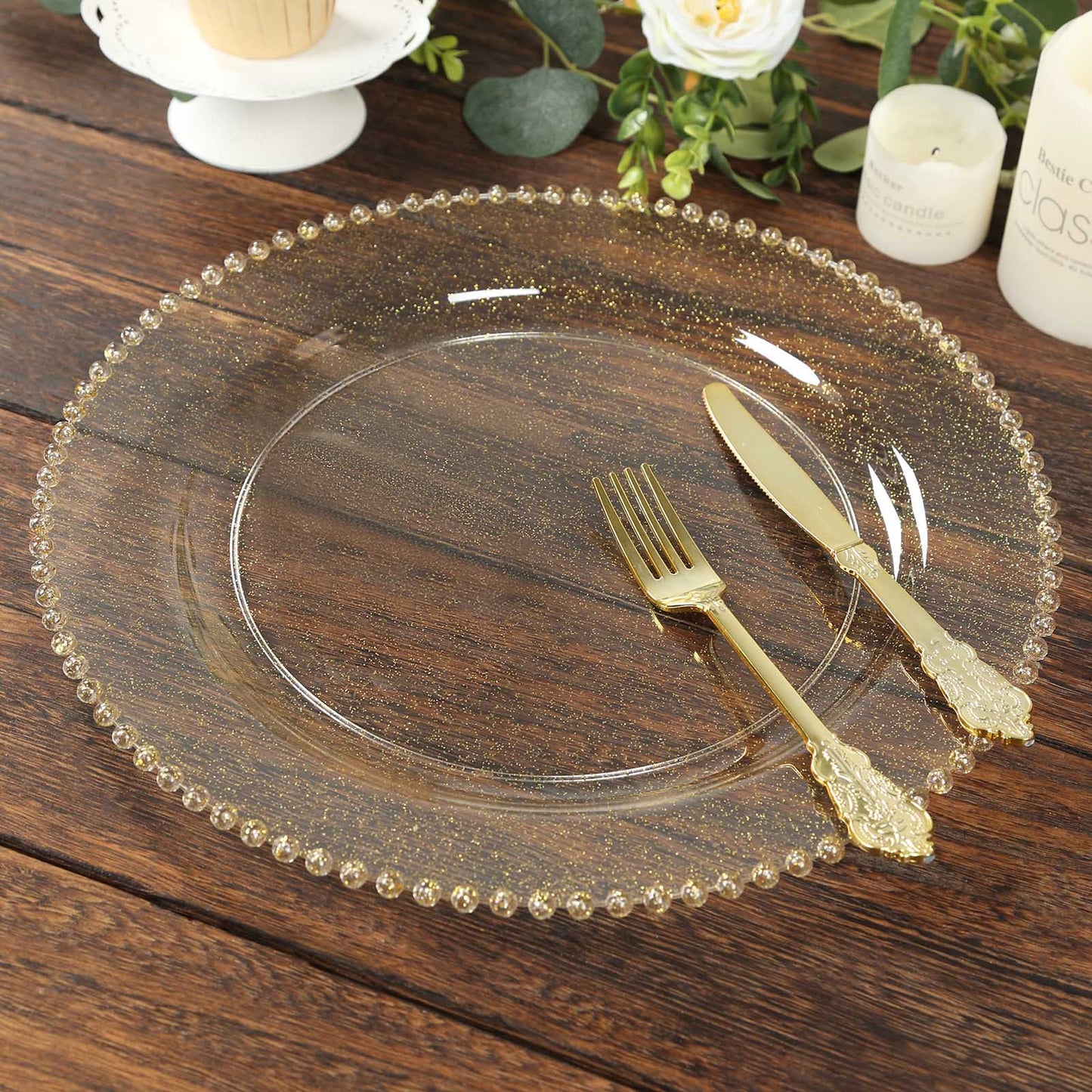 10-Pack Economy Round Plastic Charger Plates 13" in Clear/Gold Glitter with Beaded Rim, Stylish Dinner Party Serving Plates