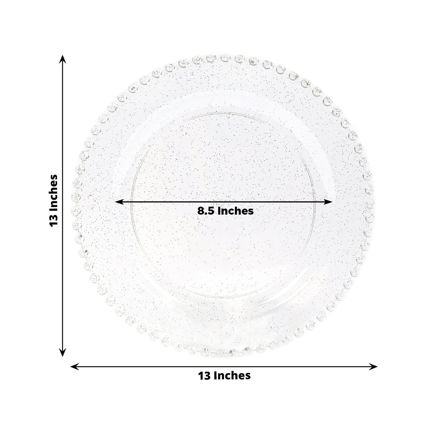10-Pack Economy Round Plastic Charger Plates 13" in Clear/Silver Glitter with Beaded Rim, Stylish Dinner Party Serving Plates