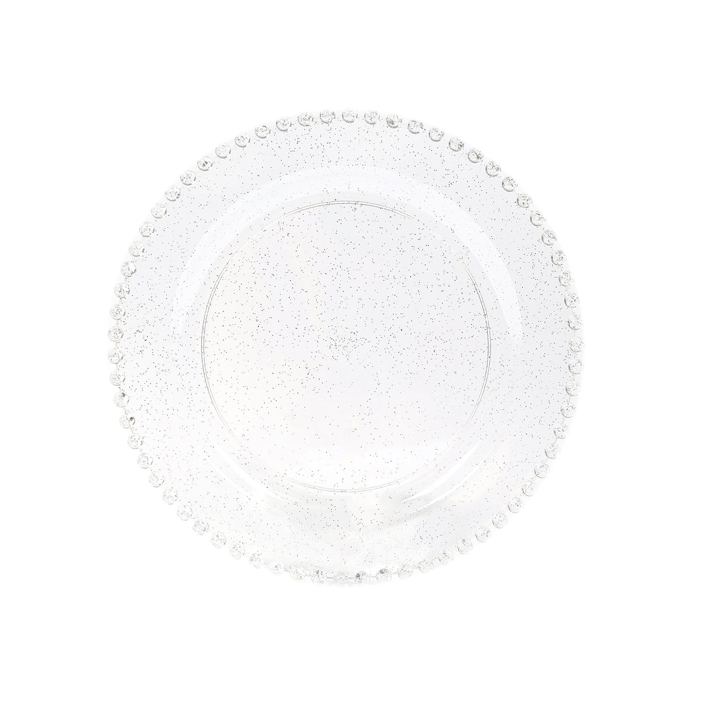 10-Pack Economy Round Plastic Charger Plates 13" in Clear/Silver Glitter with Beaded Rim, Stylish Dinner Party Serving Plates
