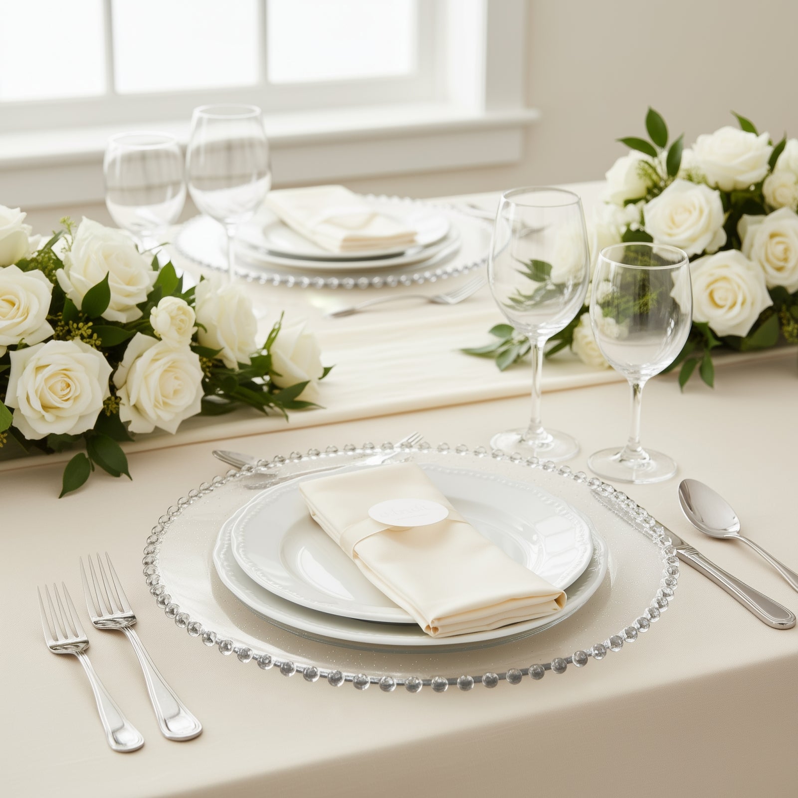 Clear/Silver Glitter Charger Plate with Beaded Rim on Elegant Table Setting