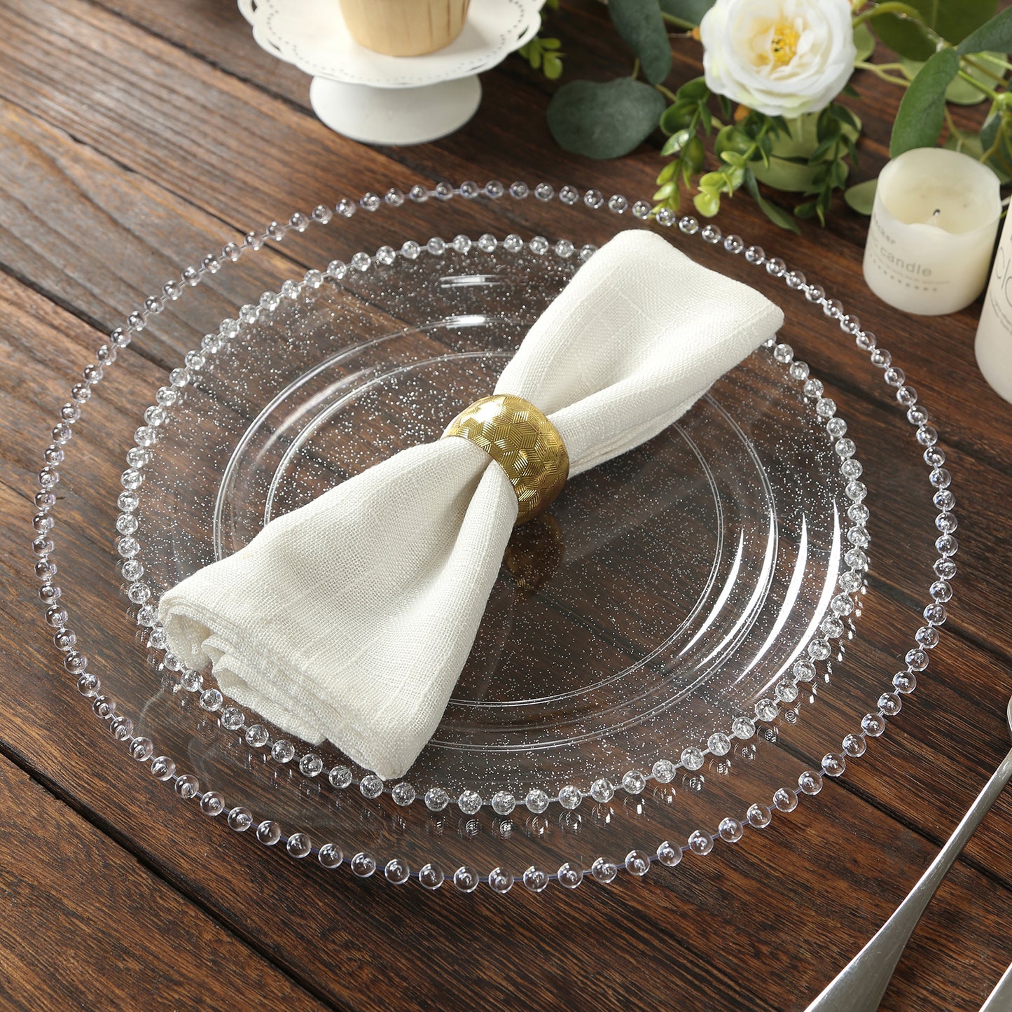 10-Pack Economy Round Plastic Charger Plates 13" in Clear Beaded Rim, Stylish Dinner Party Serving Plates
