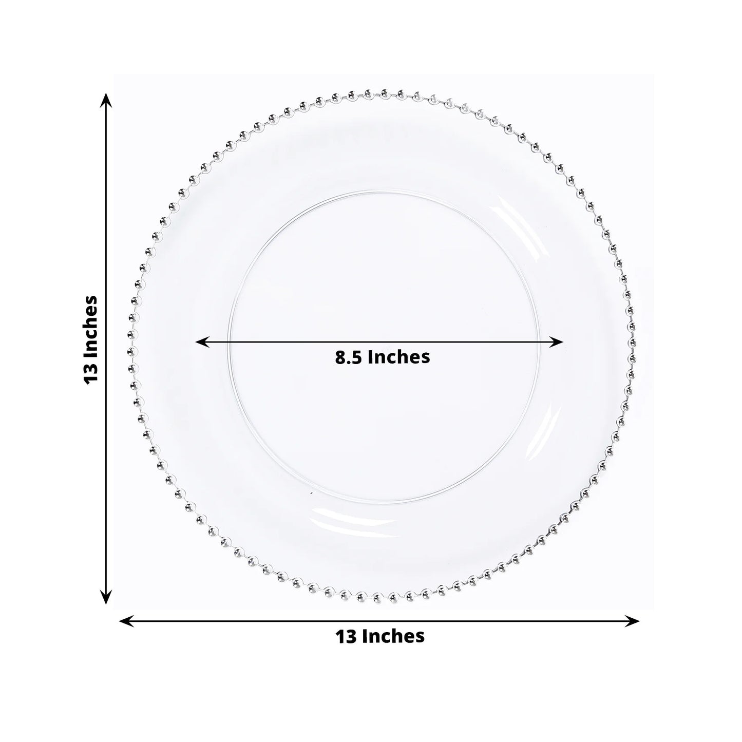 10-Pack Economy Round Plastic Charger Plates 13" in Clear with Silver Beaded Rim, Stylish Dinner Party Serving Plates
