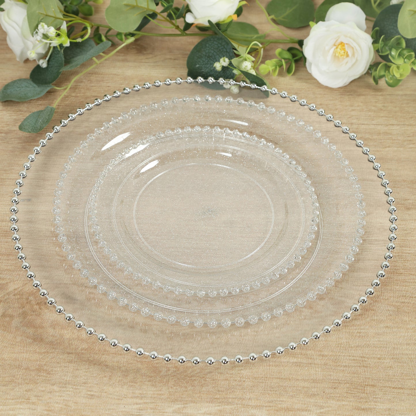 10-Pack Economy Round Plastic Charger Plates 13" in Clear with Silver Beaded Rim, Stylish Dinner Party Serving Plates