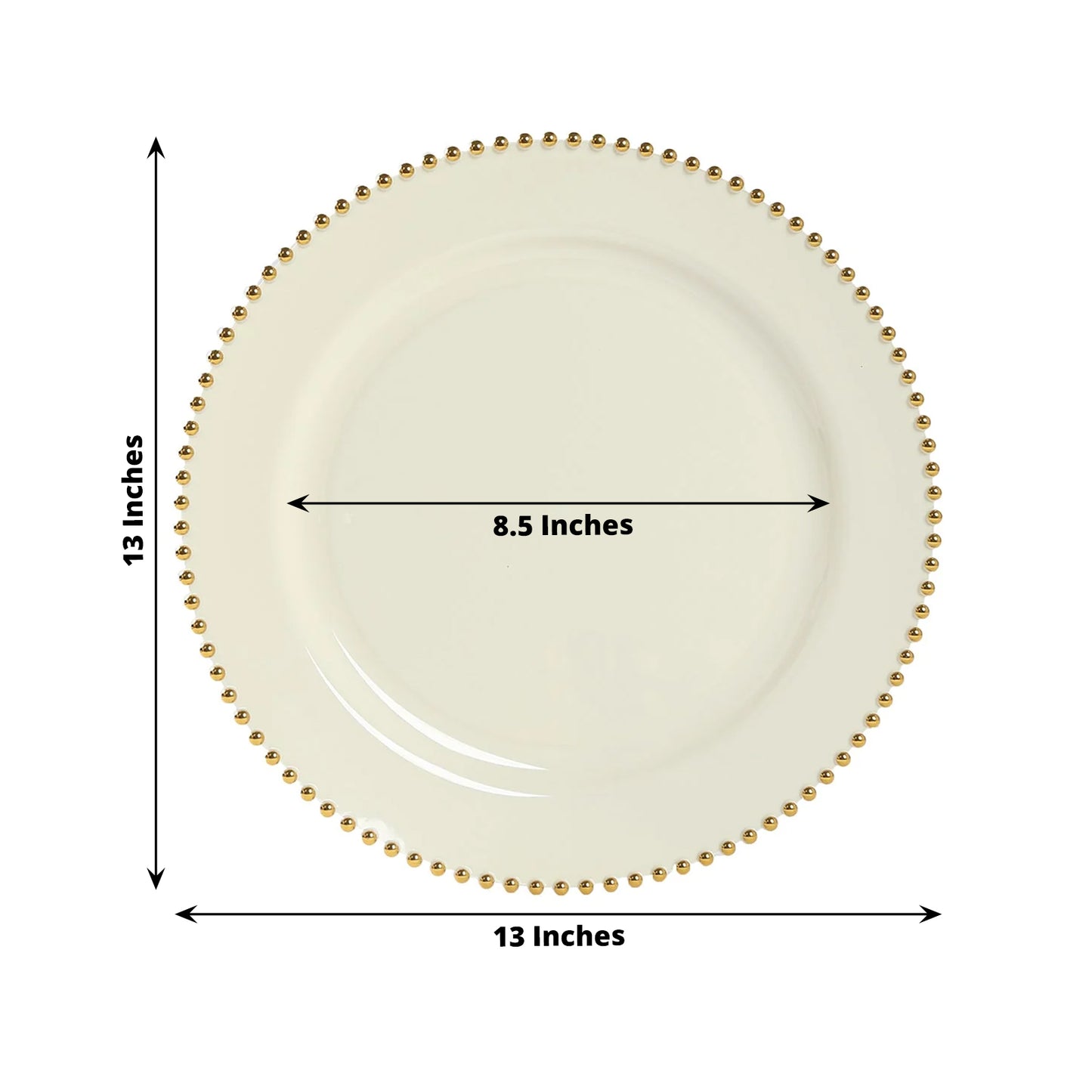 10-Pack Economy Round Plastic Charger Plates 13" in Ivory with Gold Beaded Rim, Stylish Dinner Party Serving Plates