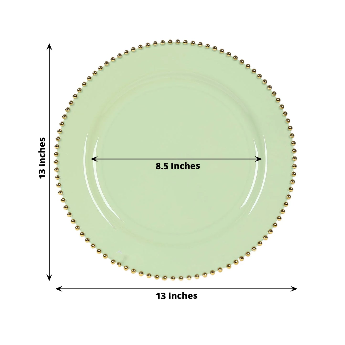 Sage green round charger plate with gold beaded rim, 13 inches diameter.