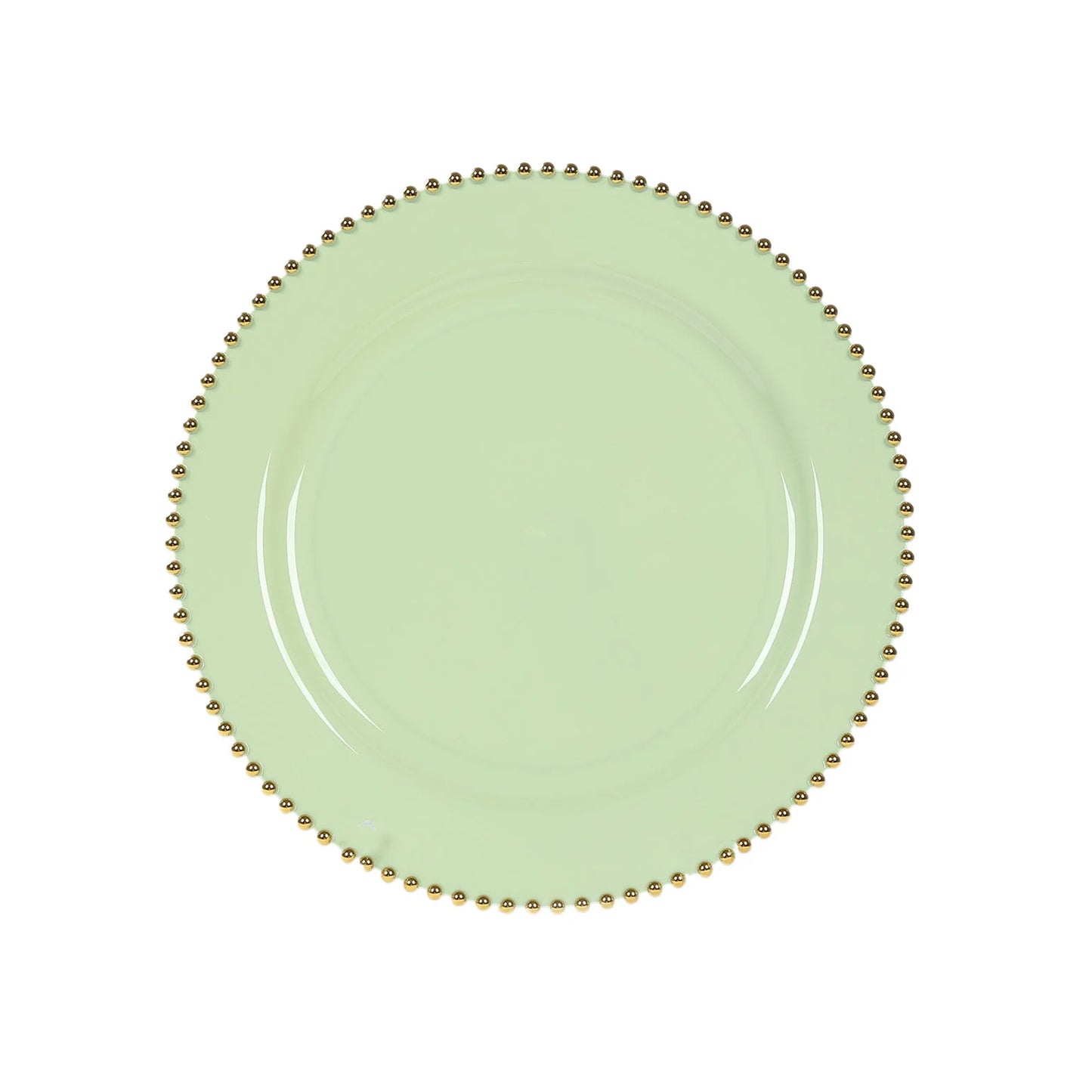 Sage green charger plate with gold beaded rim for stylish dinner parties.