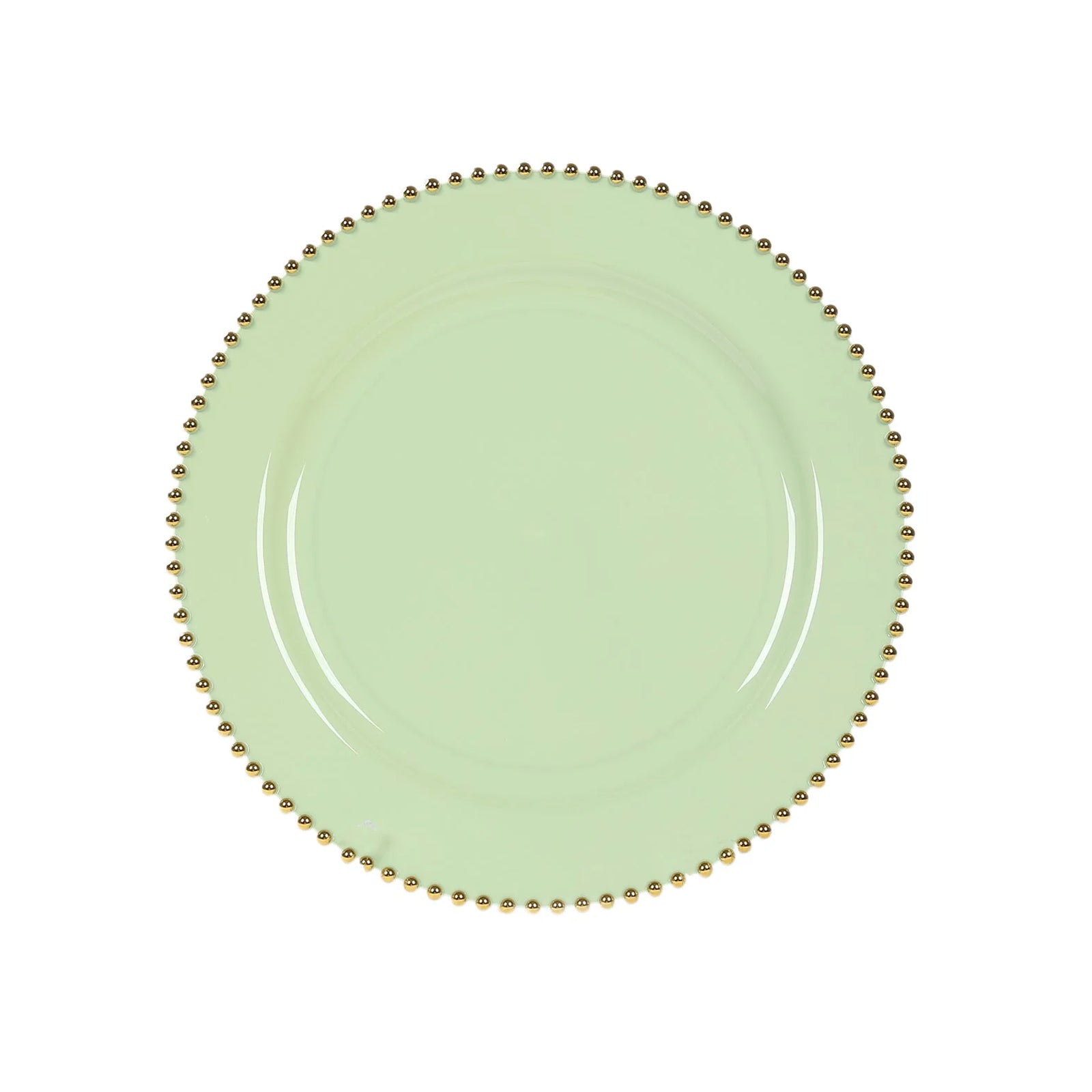 Sage green charger plate with gold beaded rim for stylish dinner parties.