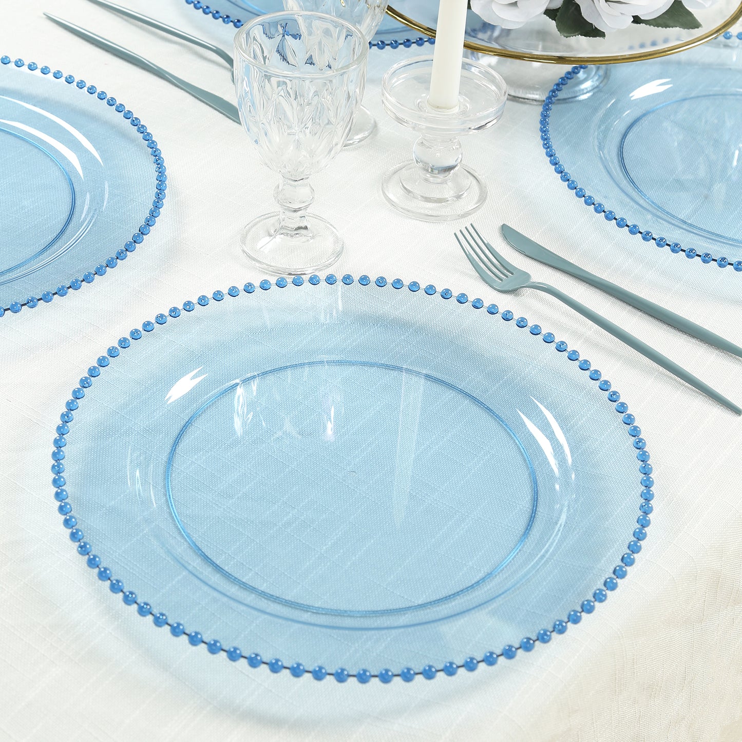 10-Pack Economy Round Plastic Charger Plates 13" in Transparent Dusty Blue with Beaded Rim, Stylish Dinner Party Serving Plates