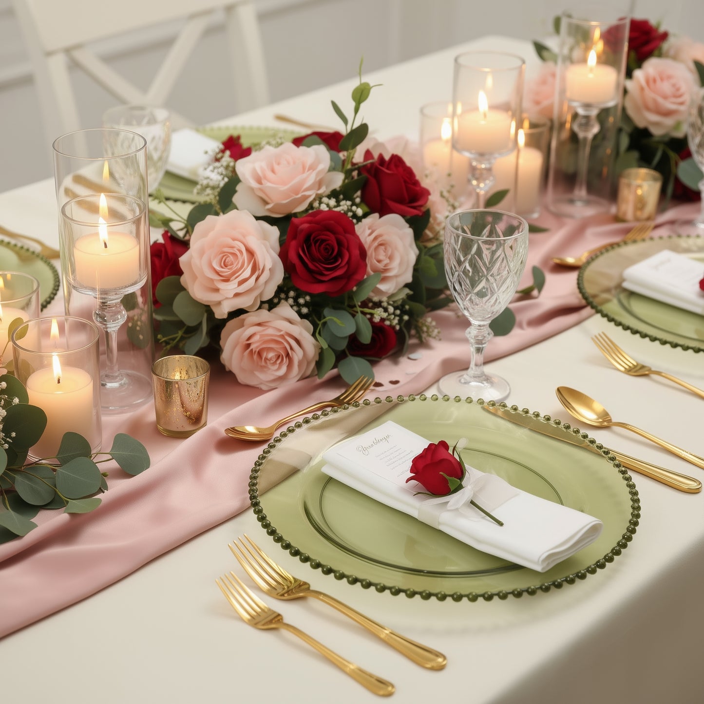 Transparent dusty sage green charger plates with beaded rim on an elegant table setting.