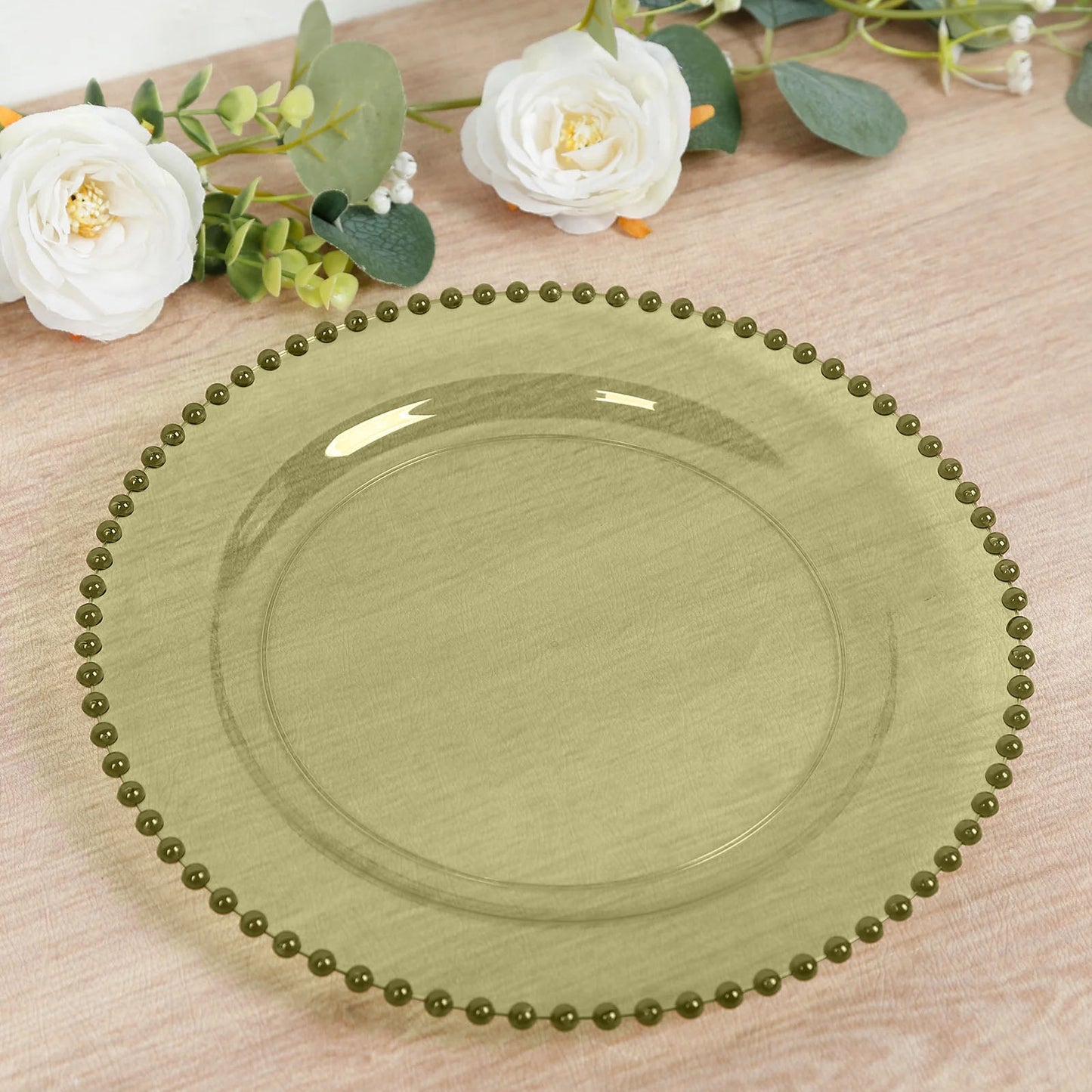 10-Pack Economy Round Plastic Charger Plates 13" in Transparent Dusty Sage Green with Beaded Rim, Stylish Dinner Party Serving Plates