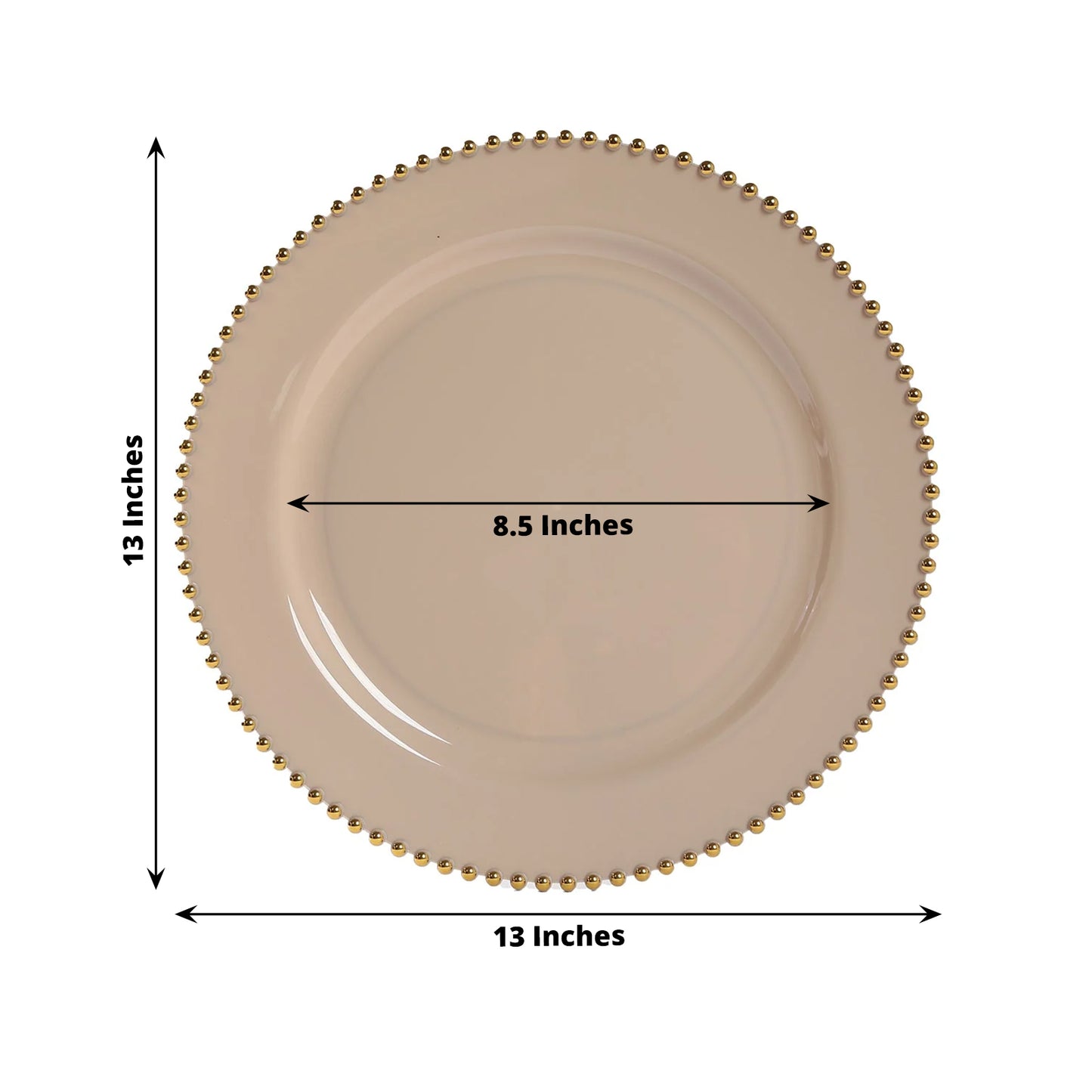 10-Pack Economy Round Plastic Charger Plates 13" in Taupe with Gold Beaded Rim, Stylish Dinner Party Serving Plates