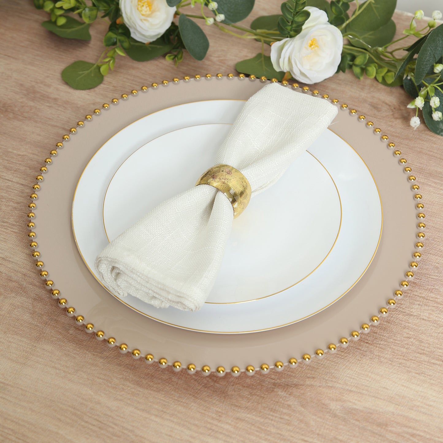 10-Pack Economy Round Plastic Charger Plates 13" in Taupe with Gold Beaded Rim, Stylish Dinner Party Serving Plates