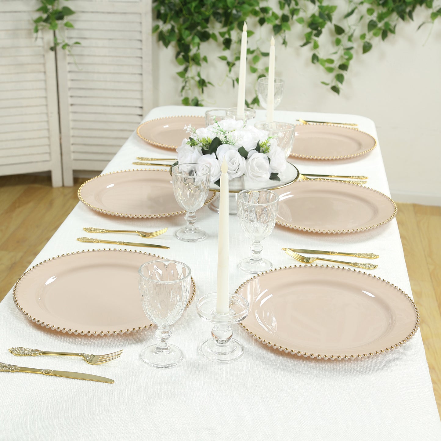 10-Pack Economy Round Plastic Charger Plates 13" in Taupe with Gold Beaded Rim, Stylish Dinner Party Serving Plates