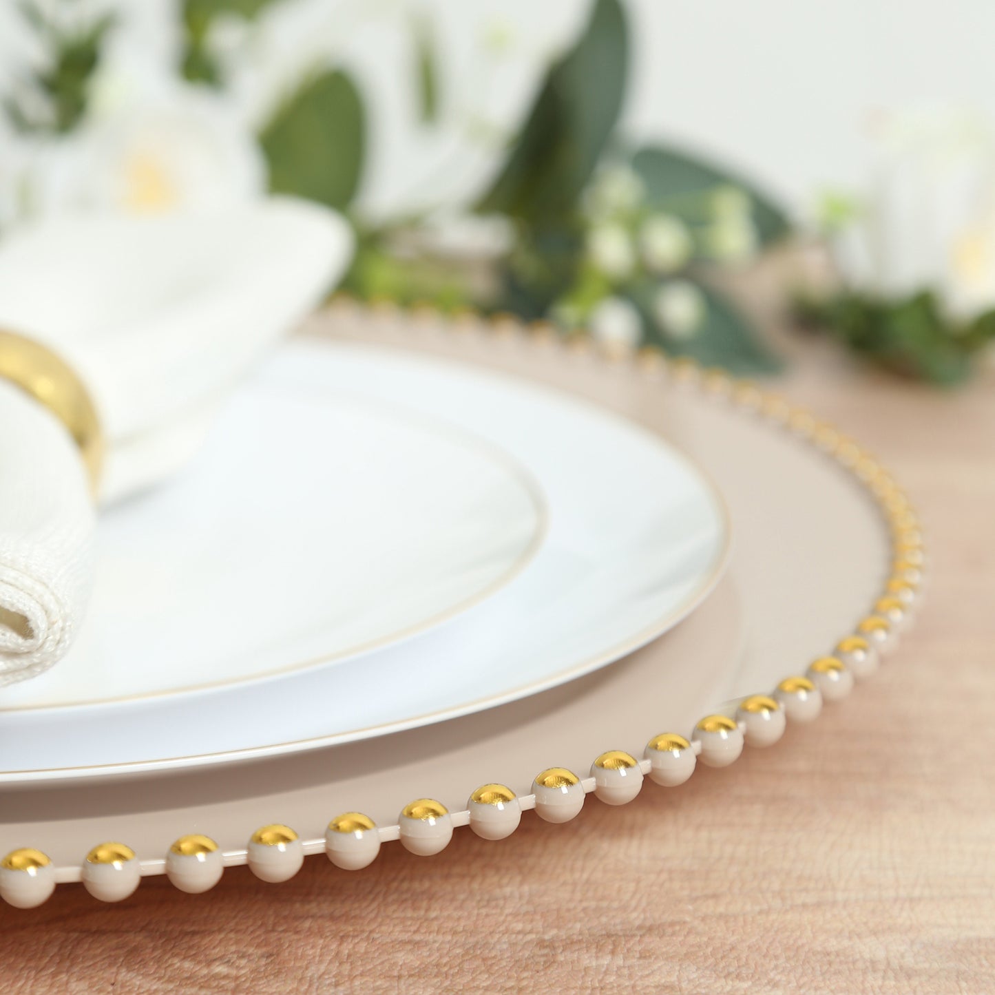 10-Pack Economy Round Plastic Charger Plates 13" in Taupe with Gold Beaded Rim, Stylish Dinner Party Serving Plates